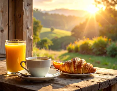 Breakfast With Coffee And Croissant At Sunrise
