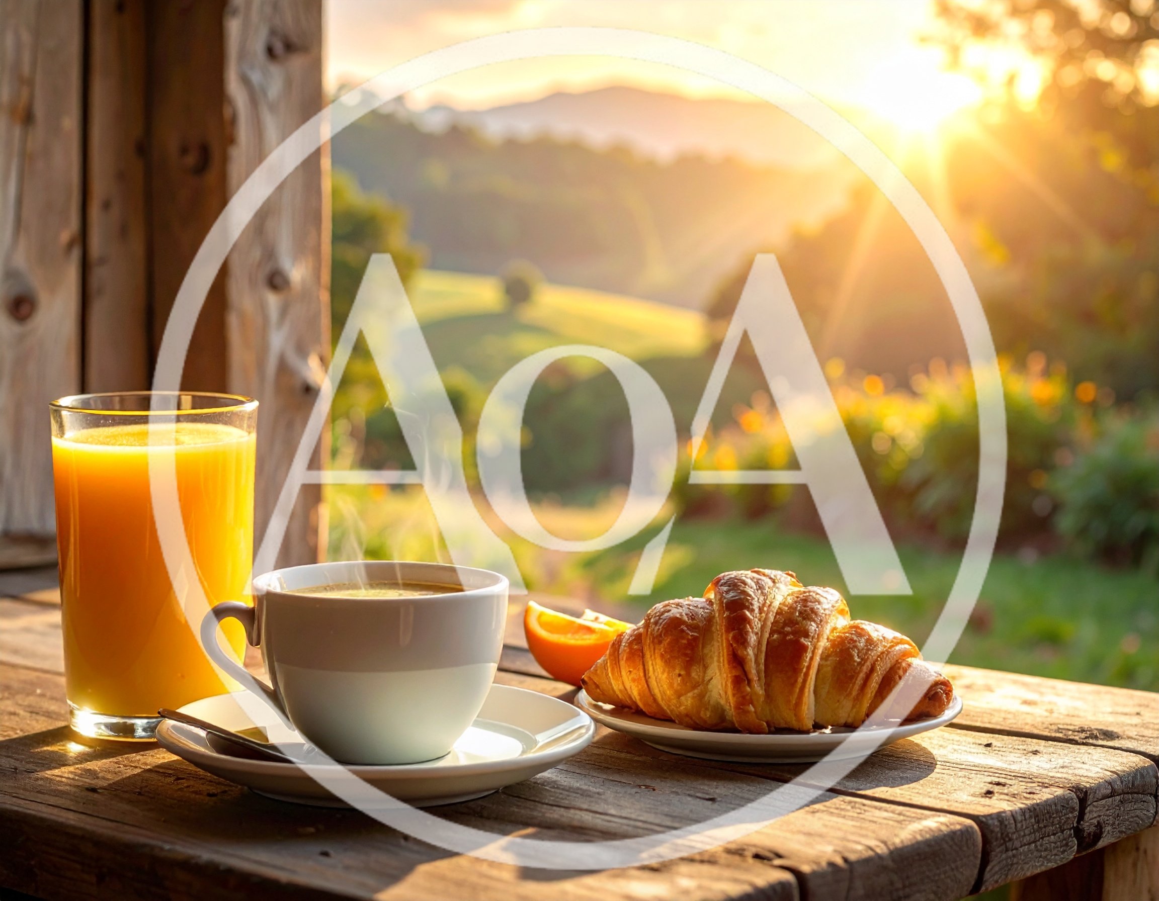Breakfast With Coffee And Croissant At Sunrise