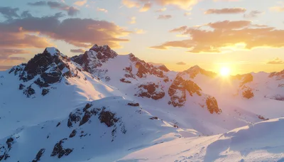 Golden Sunset Over Snow Covered Mountain Peaks