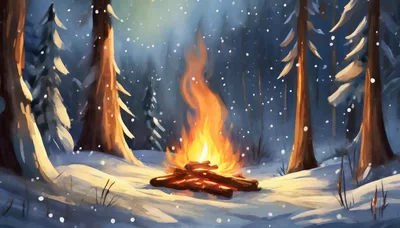 Cozy Campfire Burning In A Snowy Winter Forest
