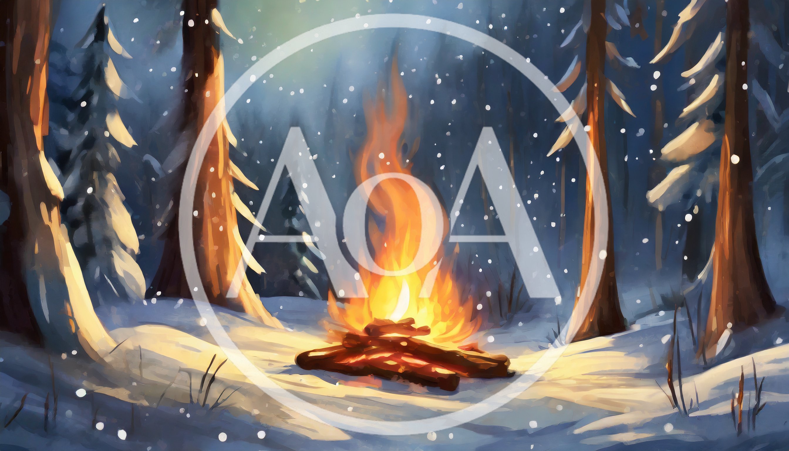 Cozy Campfire Burning In A Snowy Winter Forest