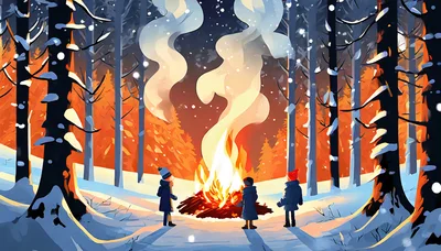 Three Children Warming Themselves By A Winter Campfire