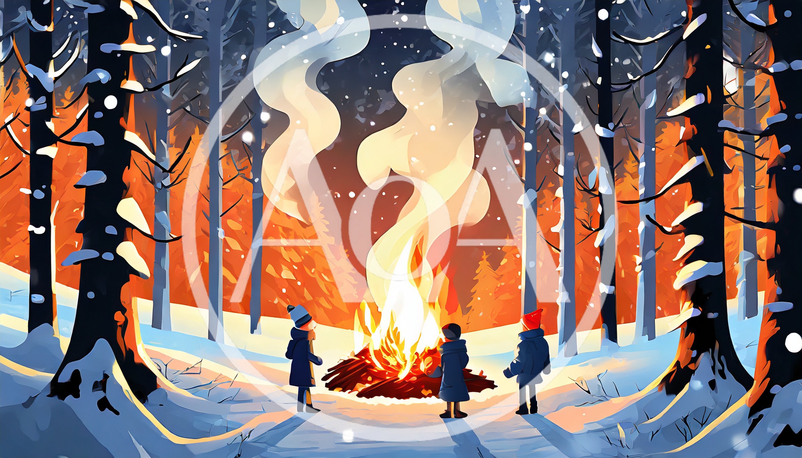 Three Children Warming Themselves By A Winter Campfire