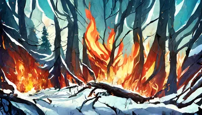 Forest Fire Burning Through Snowy Winter Landscape