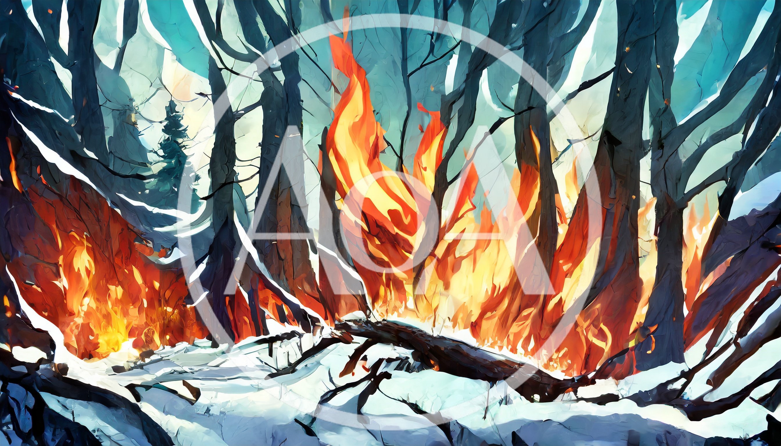 Forest Fire Burning Through Snowy Winter Landscape