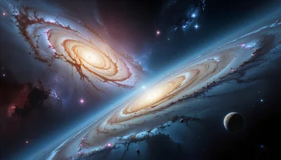 Two Spiral Galaxies Colliding In Deep Space