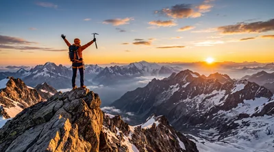 Mountaineer Celebrating Success On A Snowy Mountain Peak