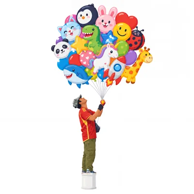 Street Vendor Holding A Large Bunch Of Cartoon Balloons