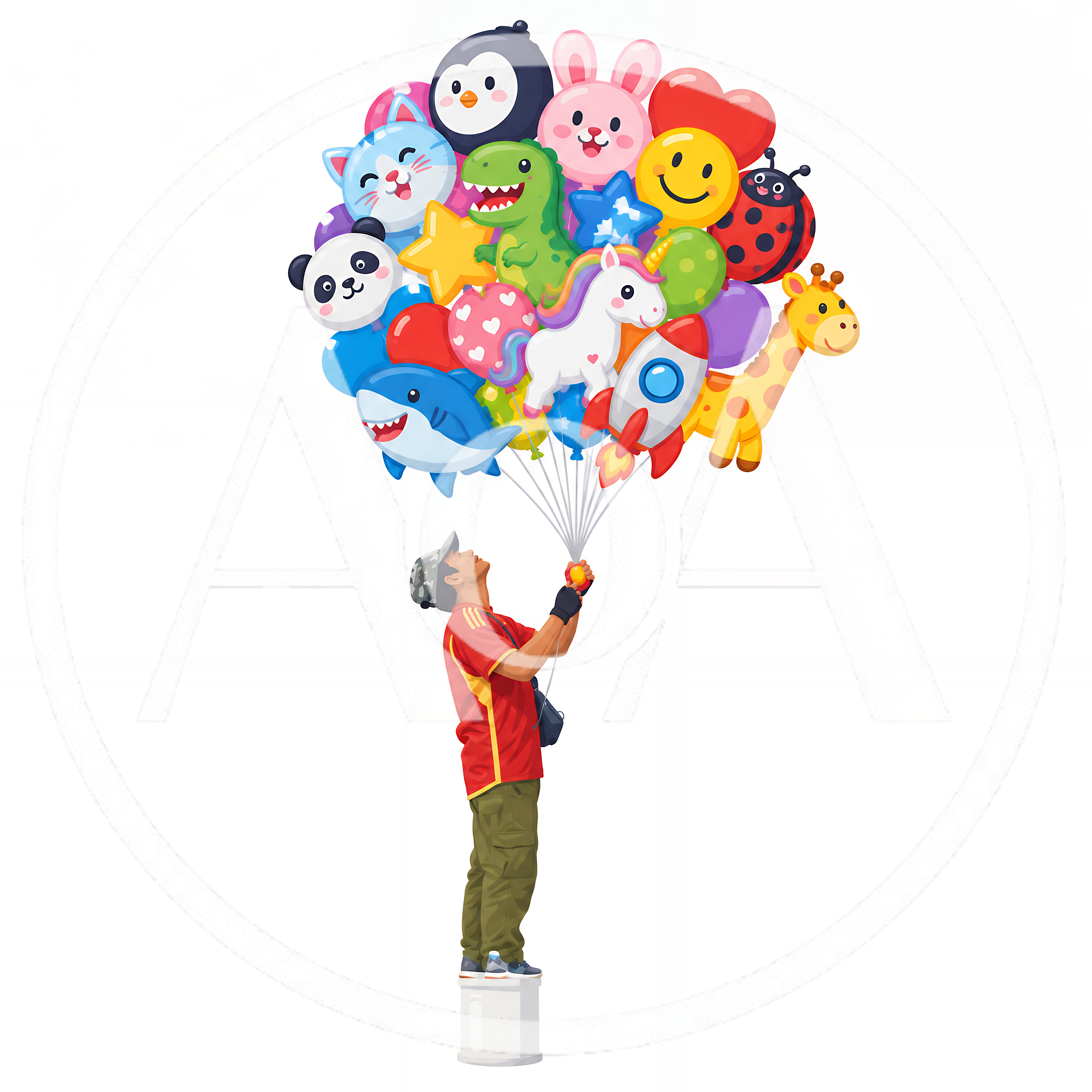 Street Vendor Holding A Large Bunch Of Cartoon Balloons