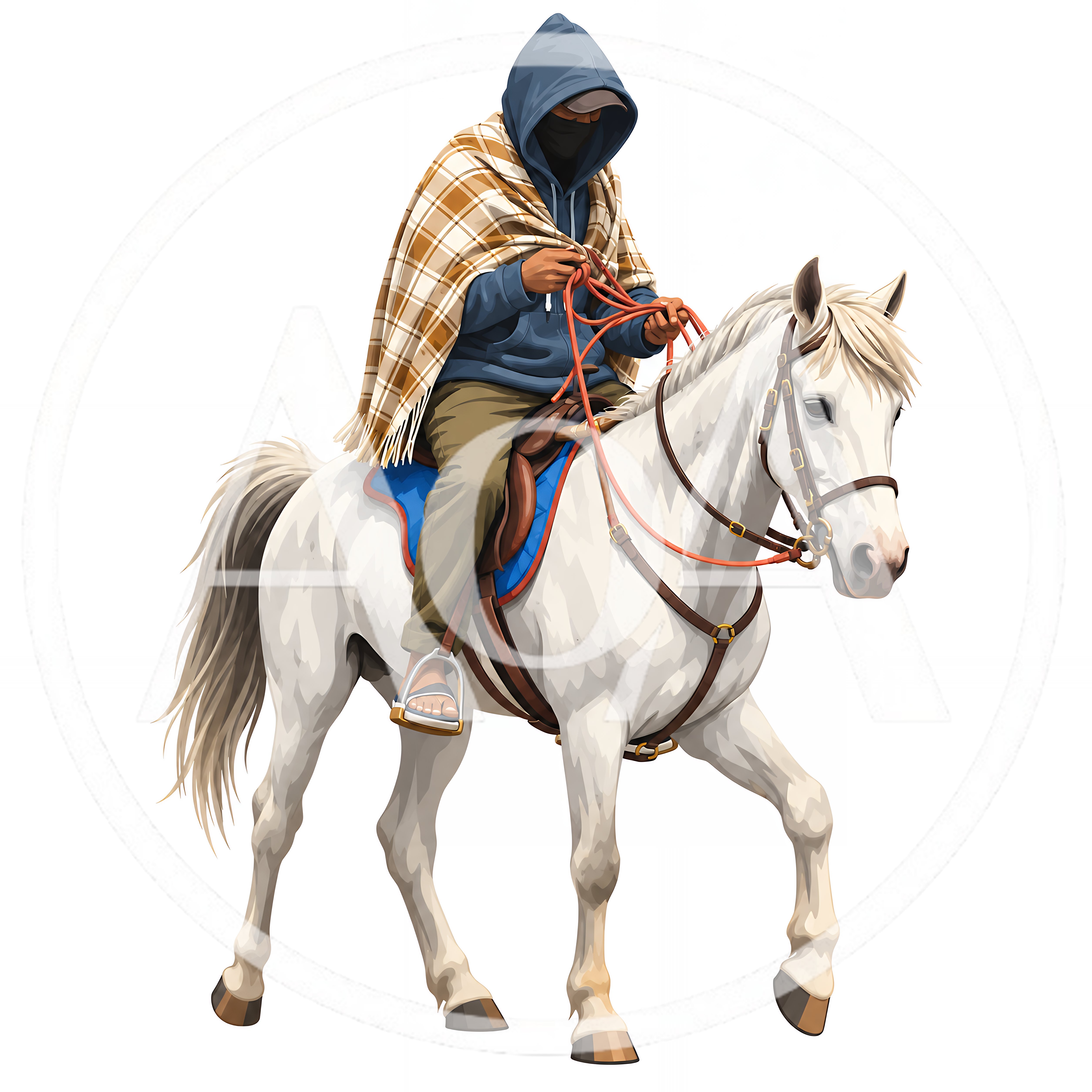 Person Wearing Hooded Poncho Riding A White Horse