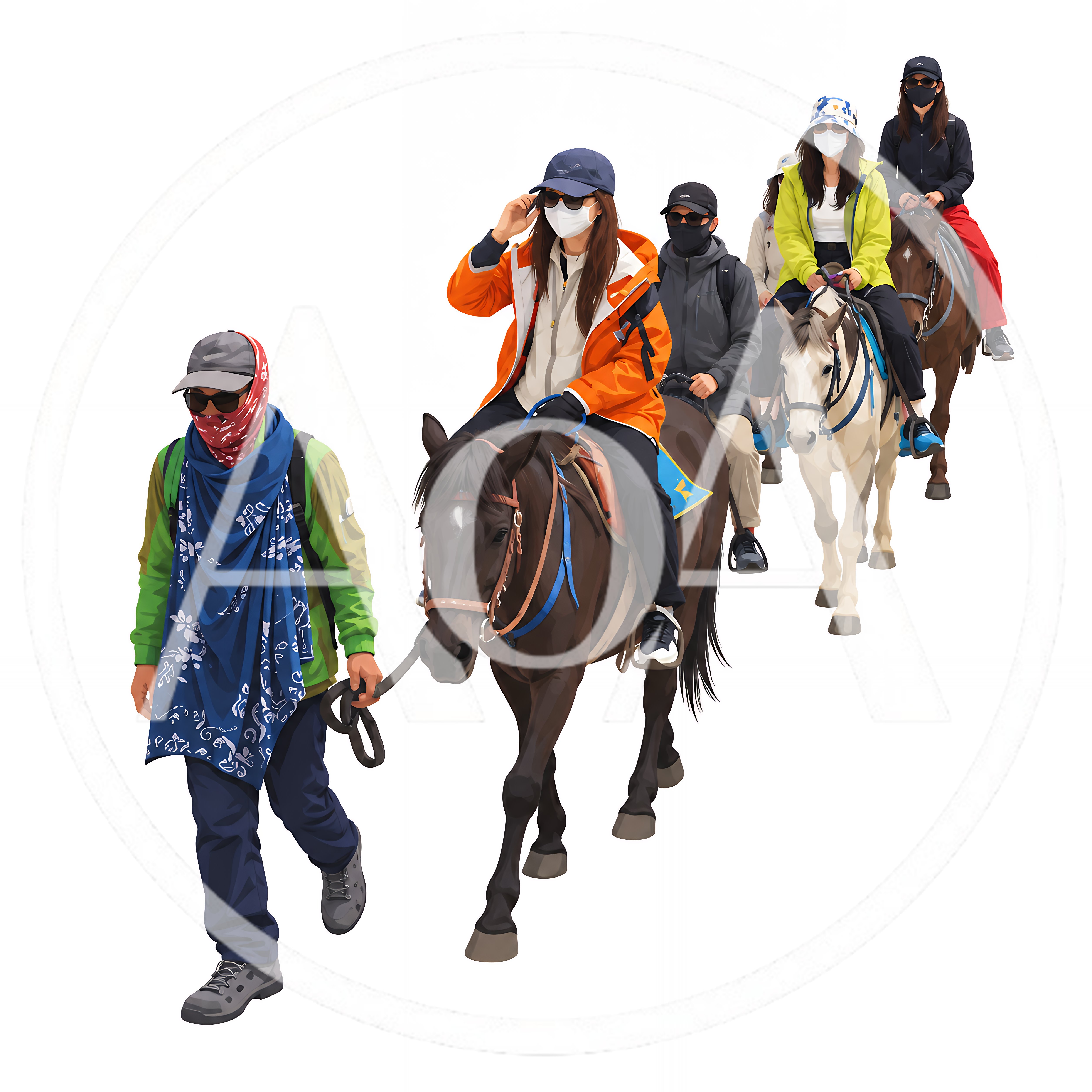 Group Of Tourists Riding Horses On A Guided Trail