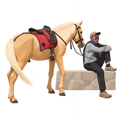 Man Sitting With A Saddled Horse