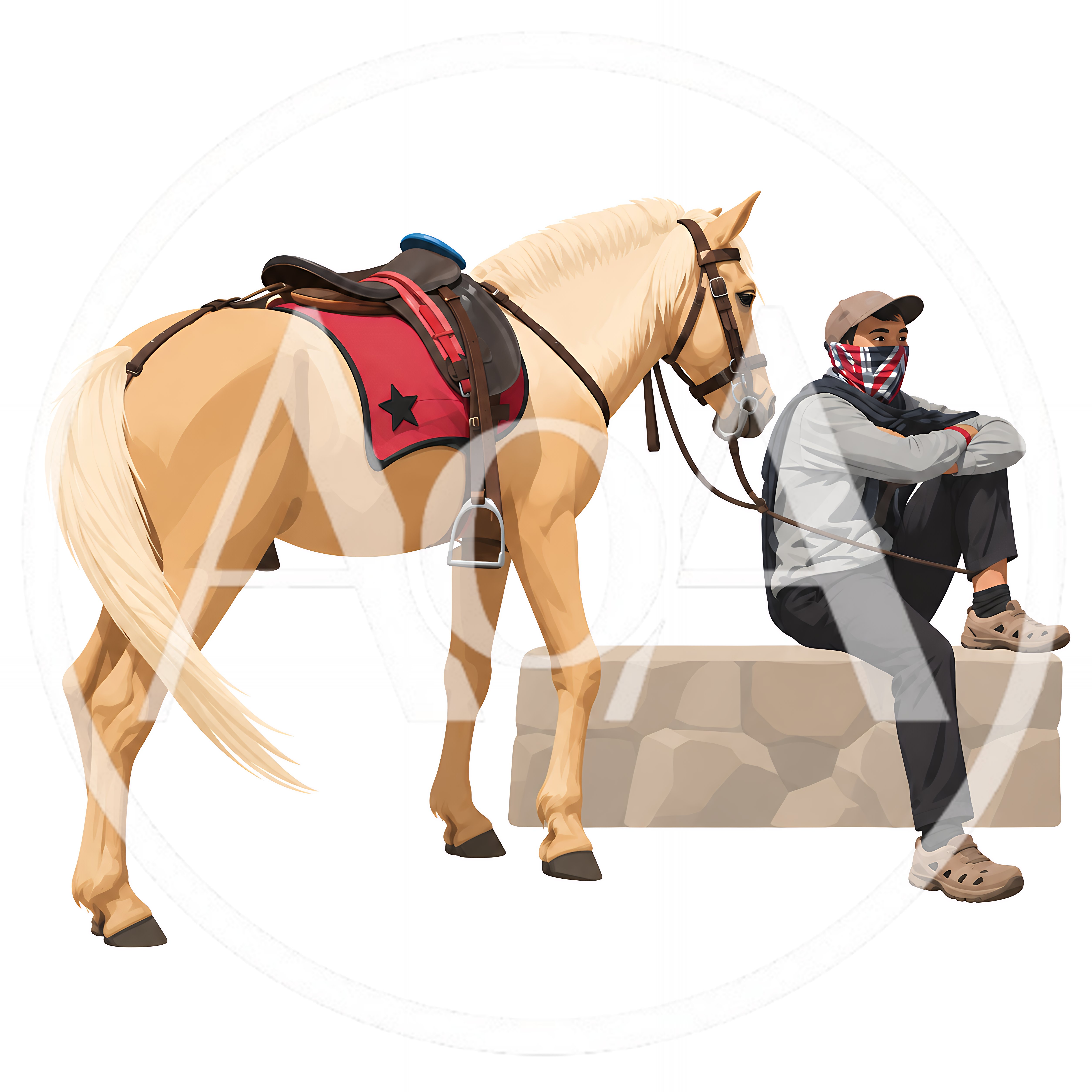 Man Sitting With A Saddled Horse