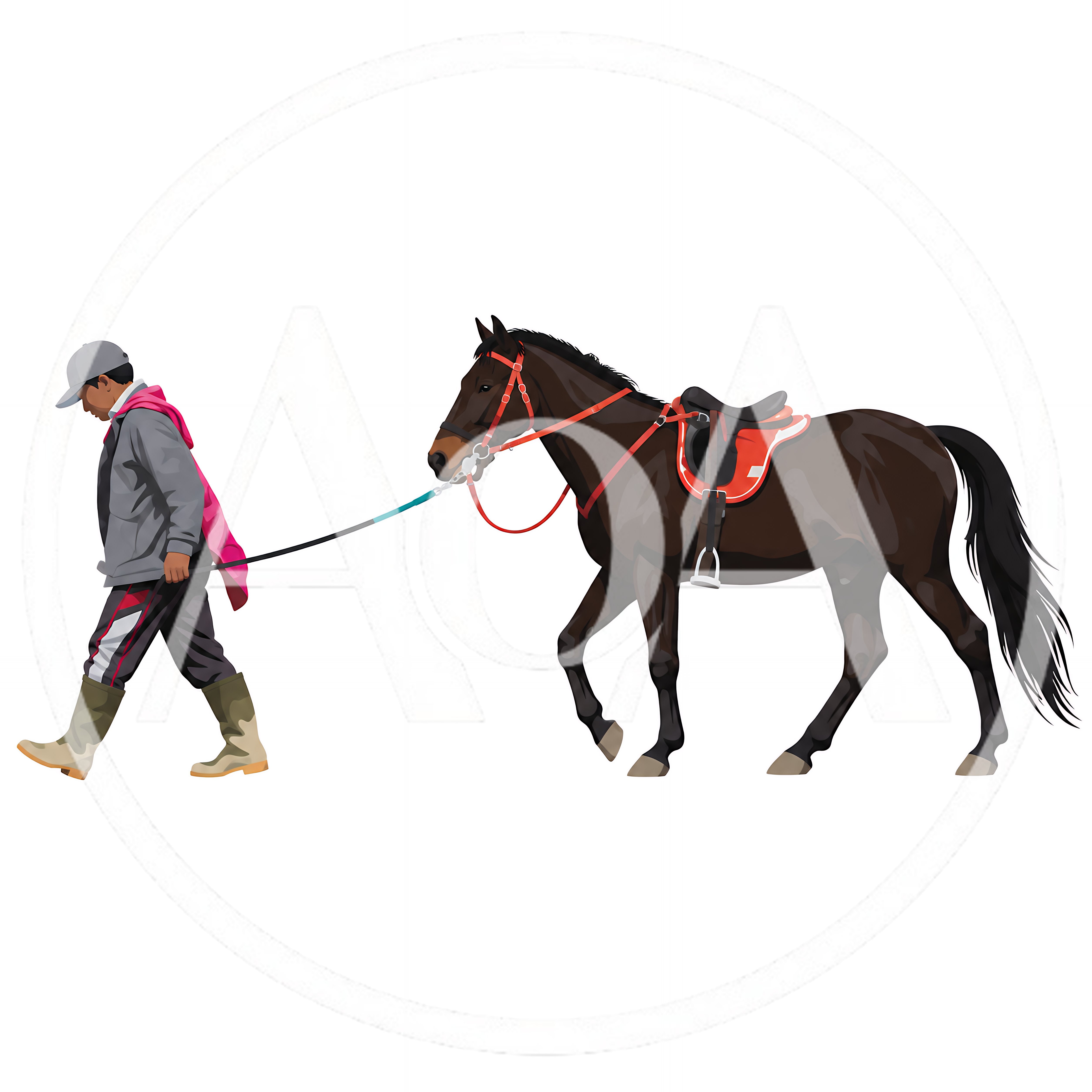 Person Leading A Saddled Horse On White Background