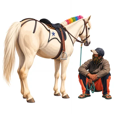 Man Sitting Beside A White Horse With Rainbow Mane