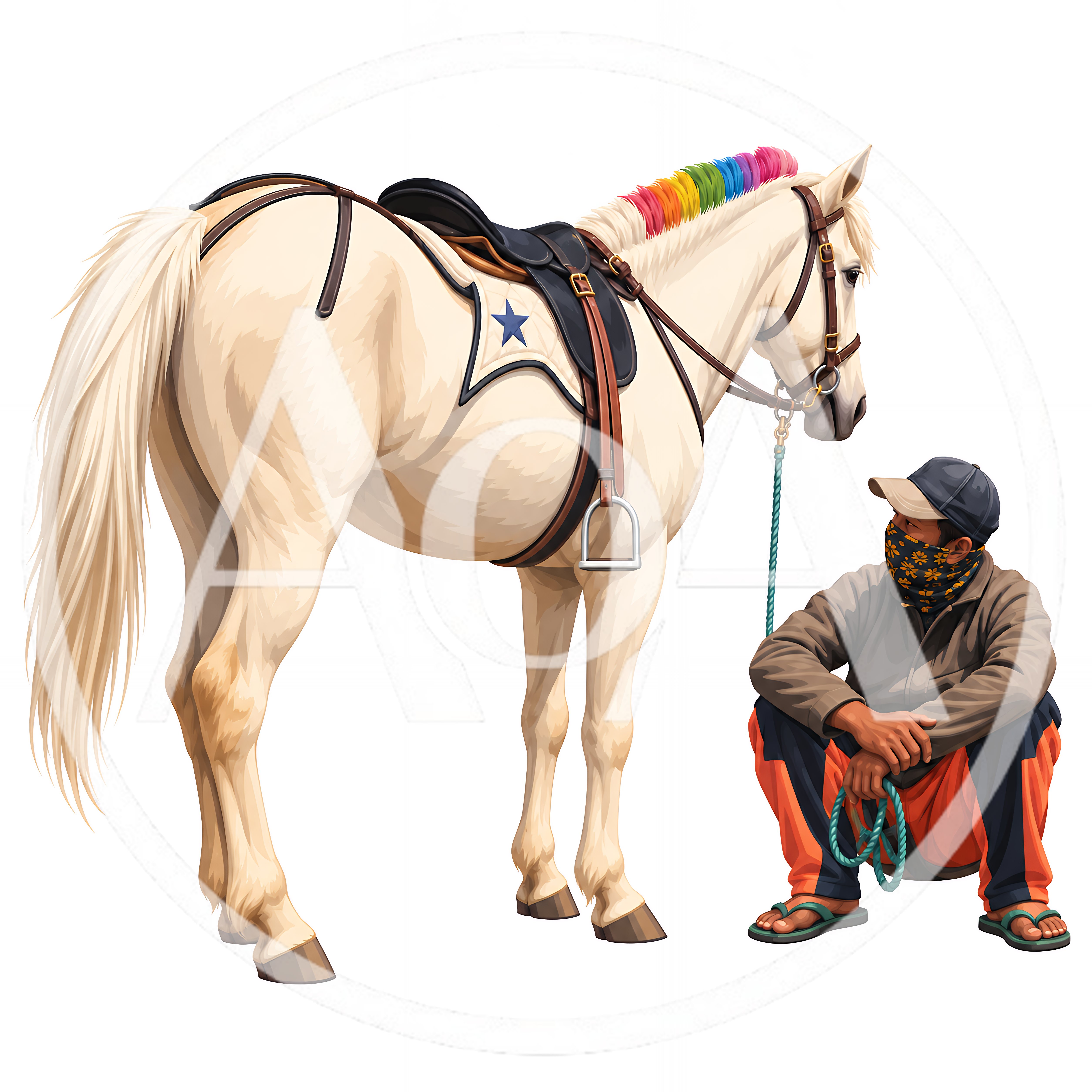 Man Sitting Beside A White Horse With Rainbow Mane