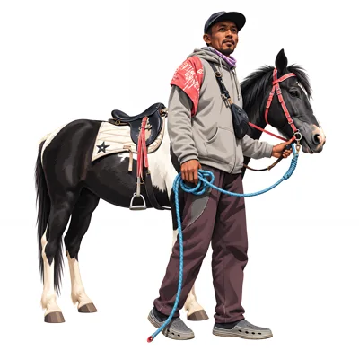 Man Leading A Black And White Horse