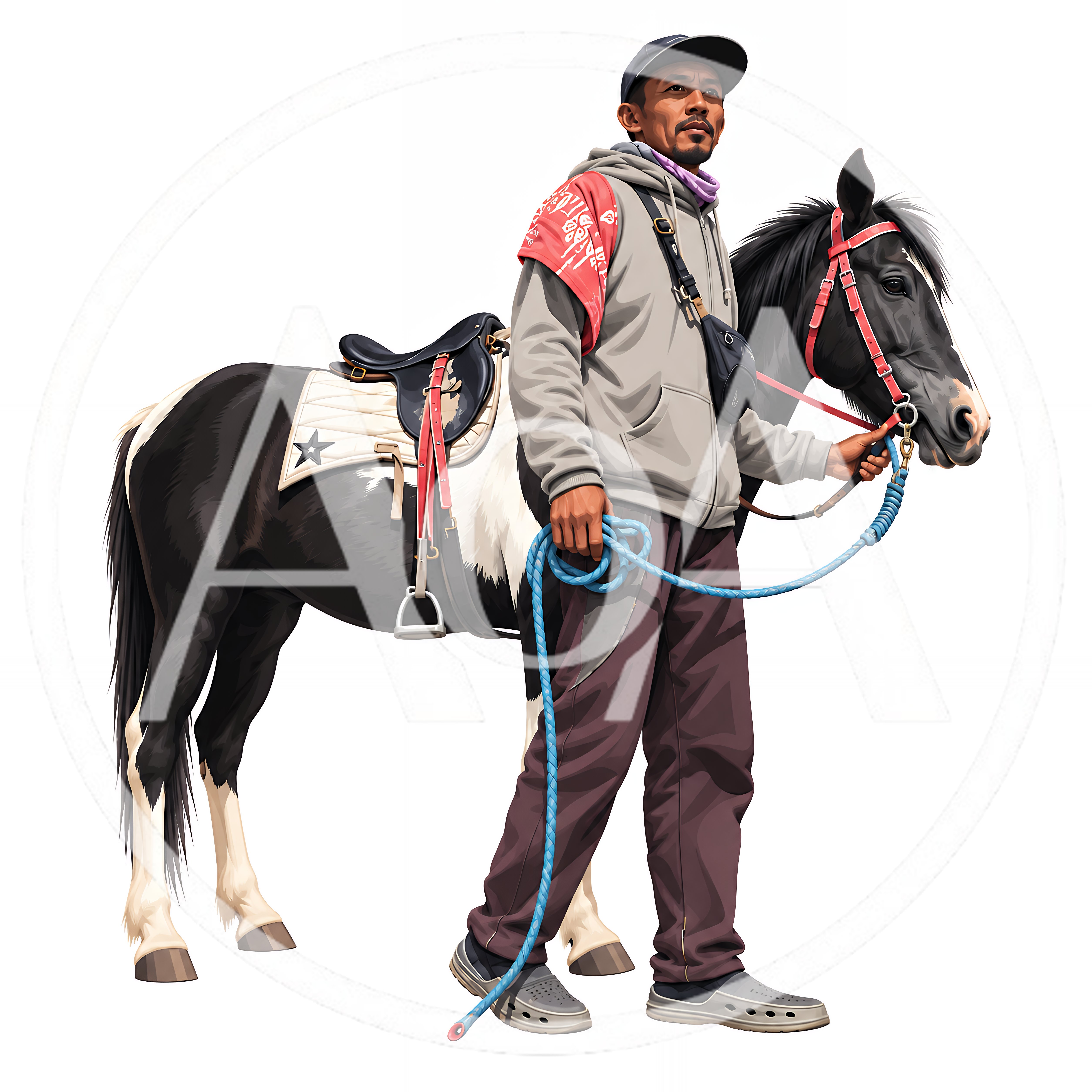 Man Leading A Black And White Horse