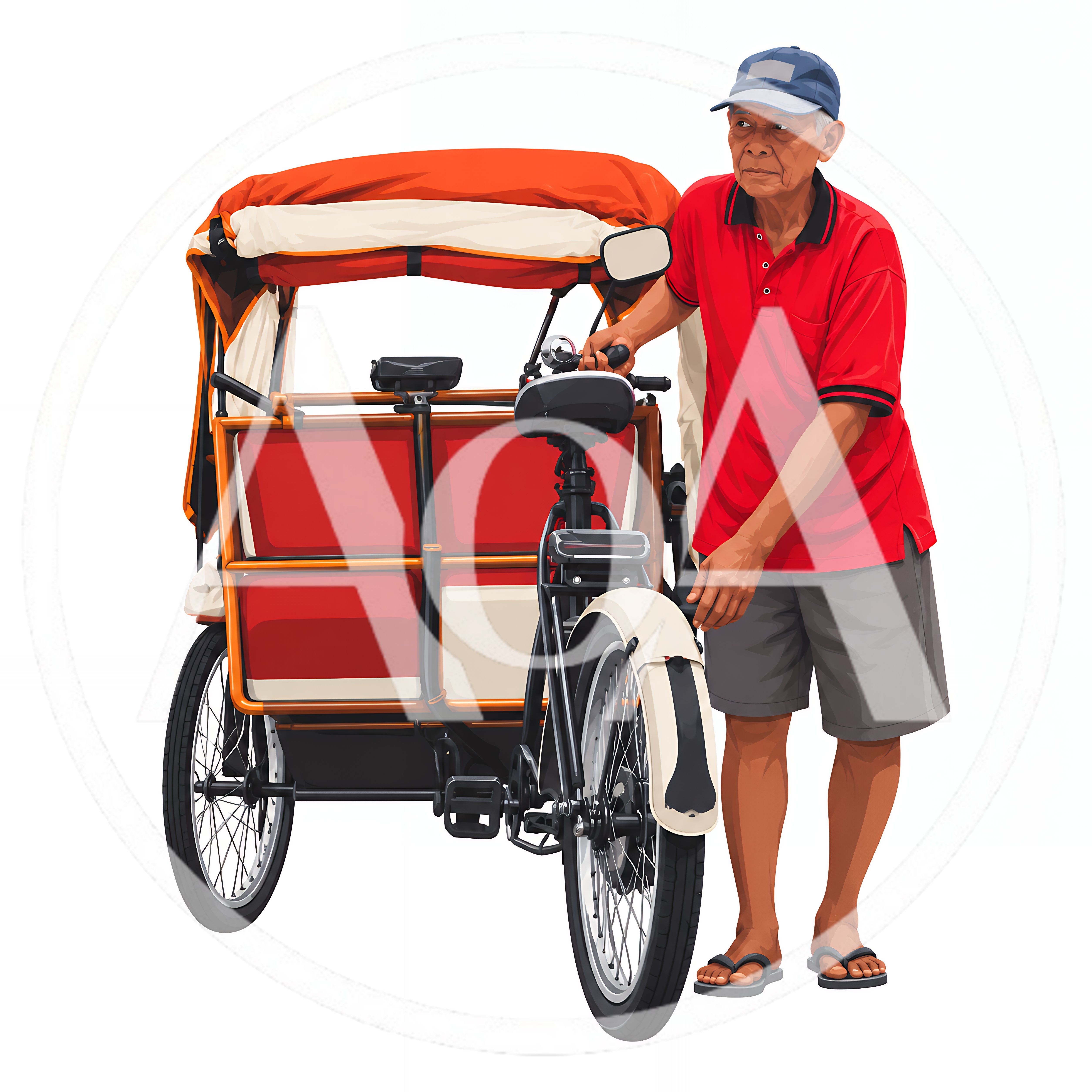 Elderly Man Standing With A Traditional Pedicab