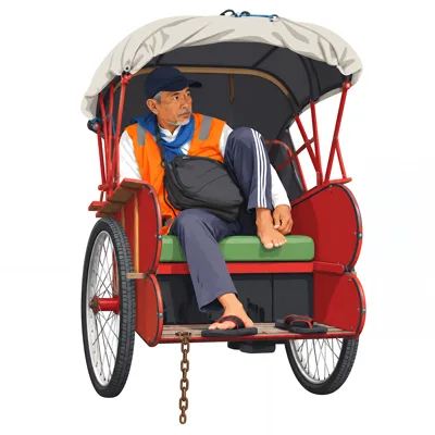 Asian Rickshaw Driver Resting In A Traditional Pedicab