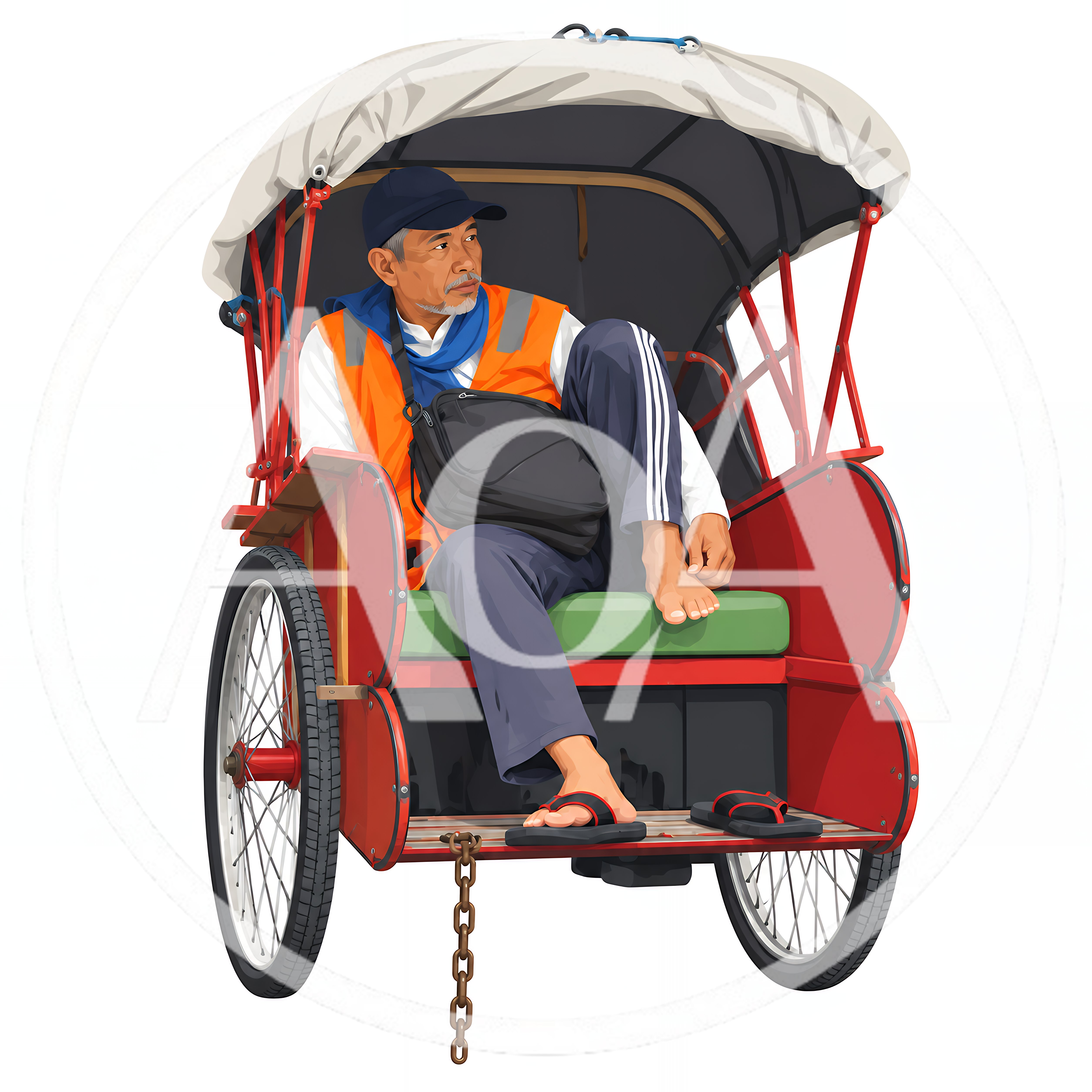 Asian Rickshaw Driver Resting In A Traditional Pedicab