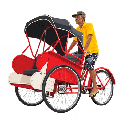 Elderly Man Riding A Traditional Red Pedicab