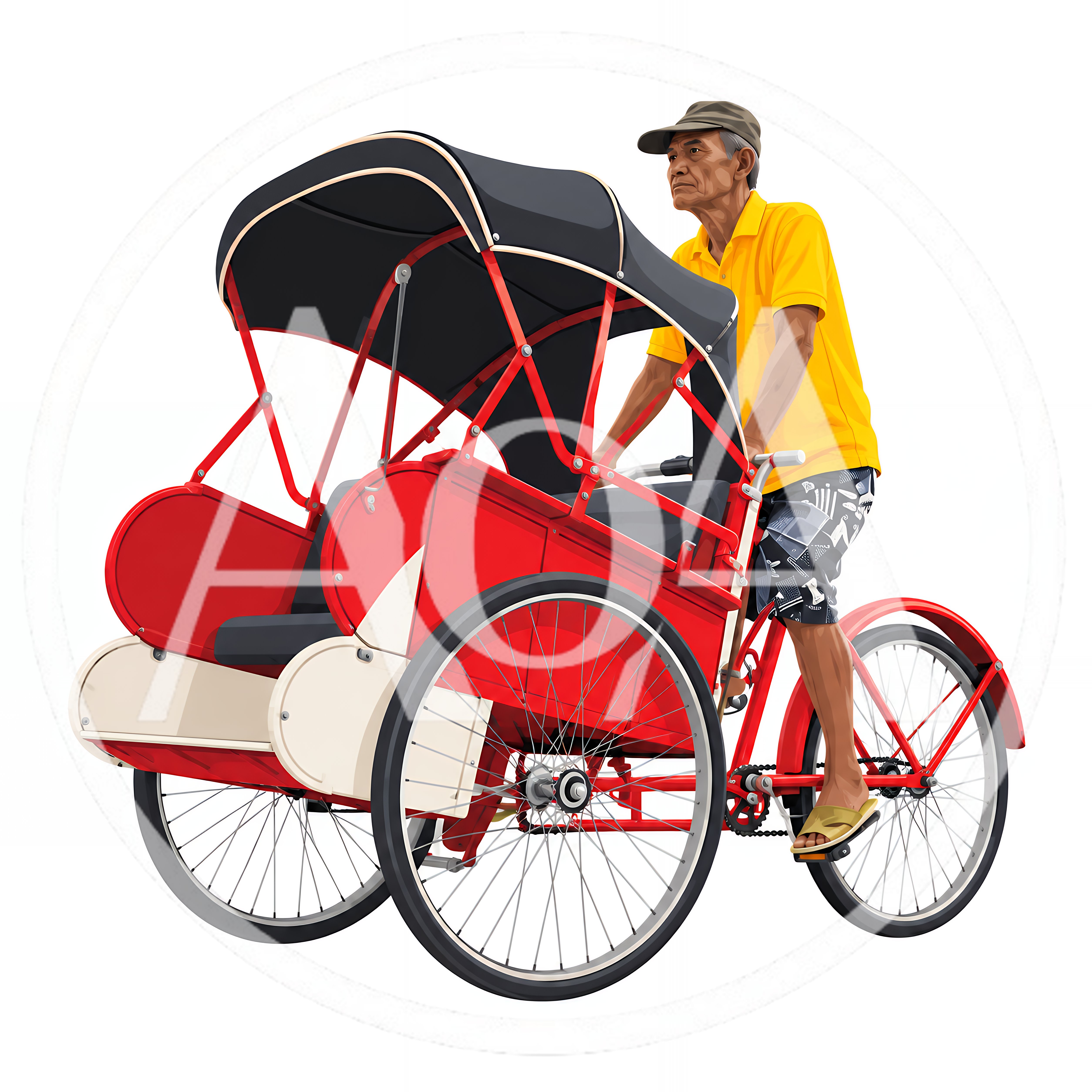 Elderly Man Riding A Traditional Red Pedicab