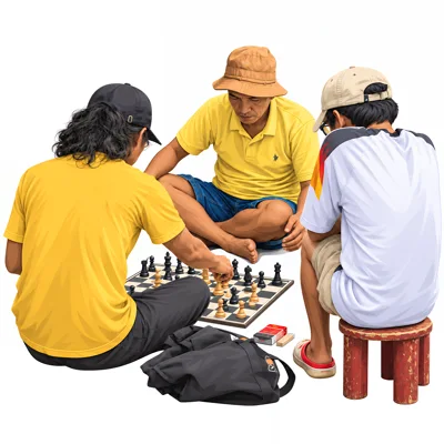 Three Men Playing Chess Outdoors