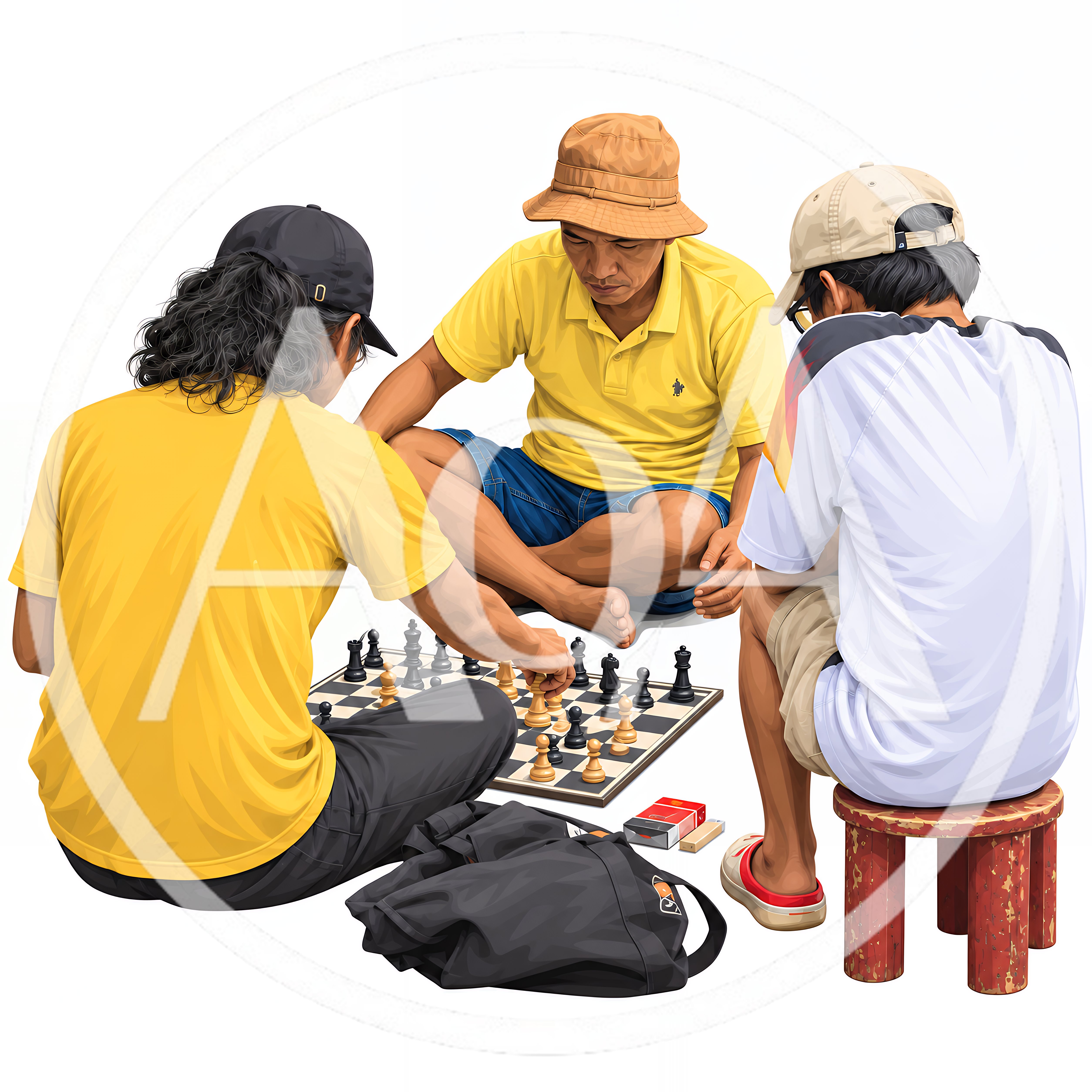 Three Men Playing Chess Outdoors