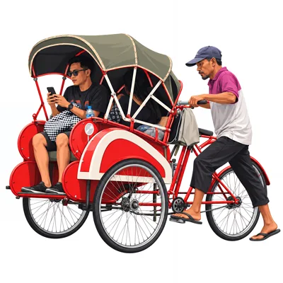 Man Pedaling A Traditional Indonesian Becak Rickshaw