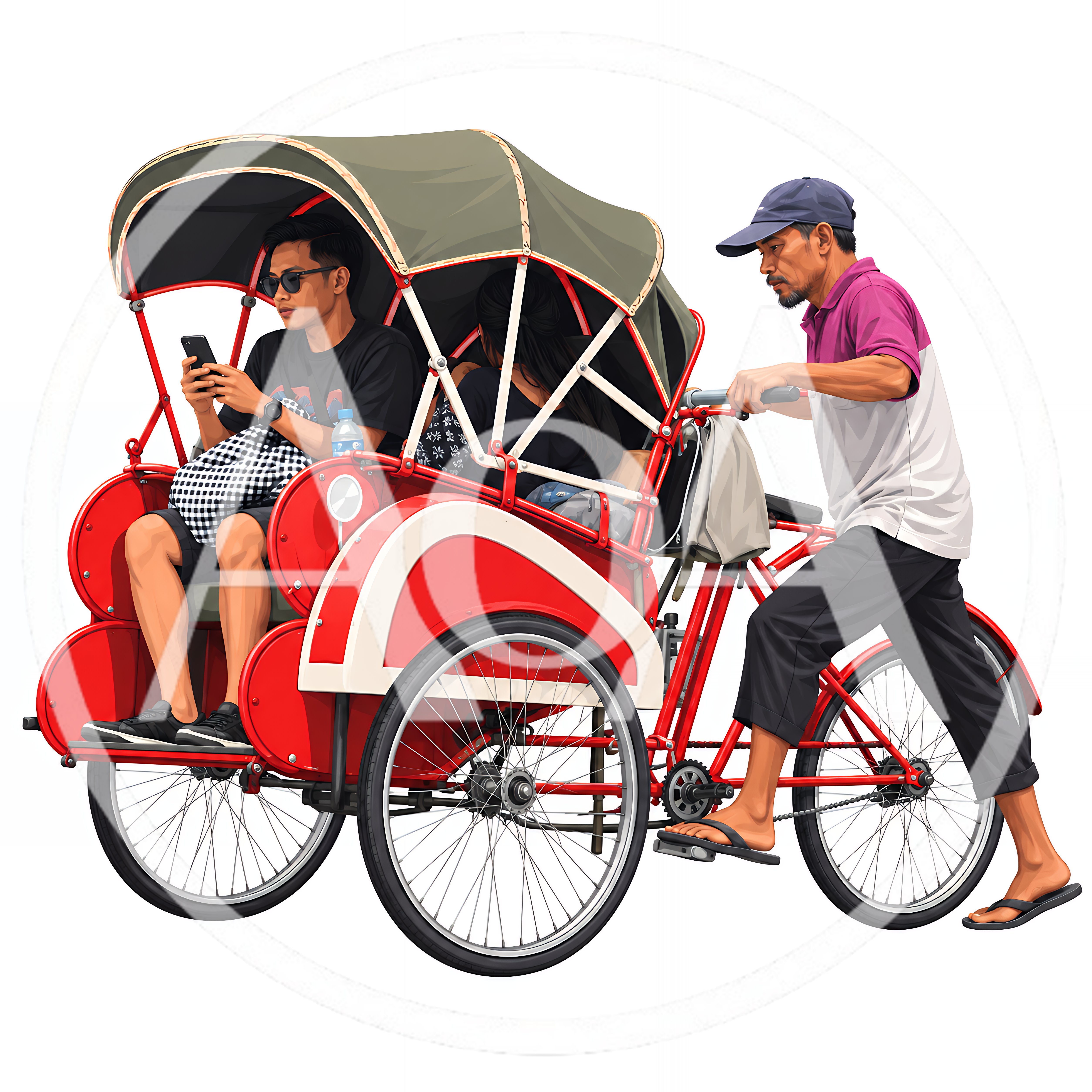 Man Pedaling A Traditional Indonesian Becak Rickshaw