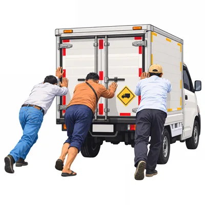 Three Men Pushing A Delivery Truck