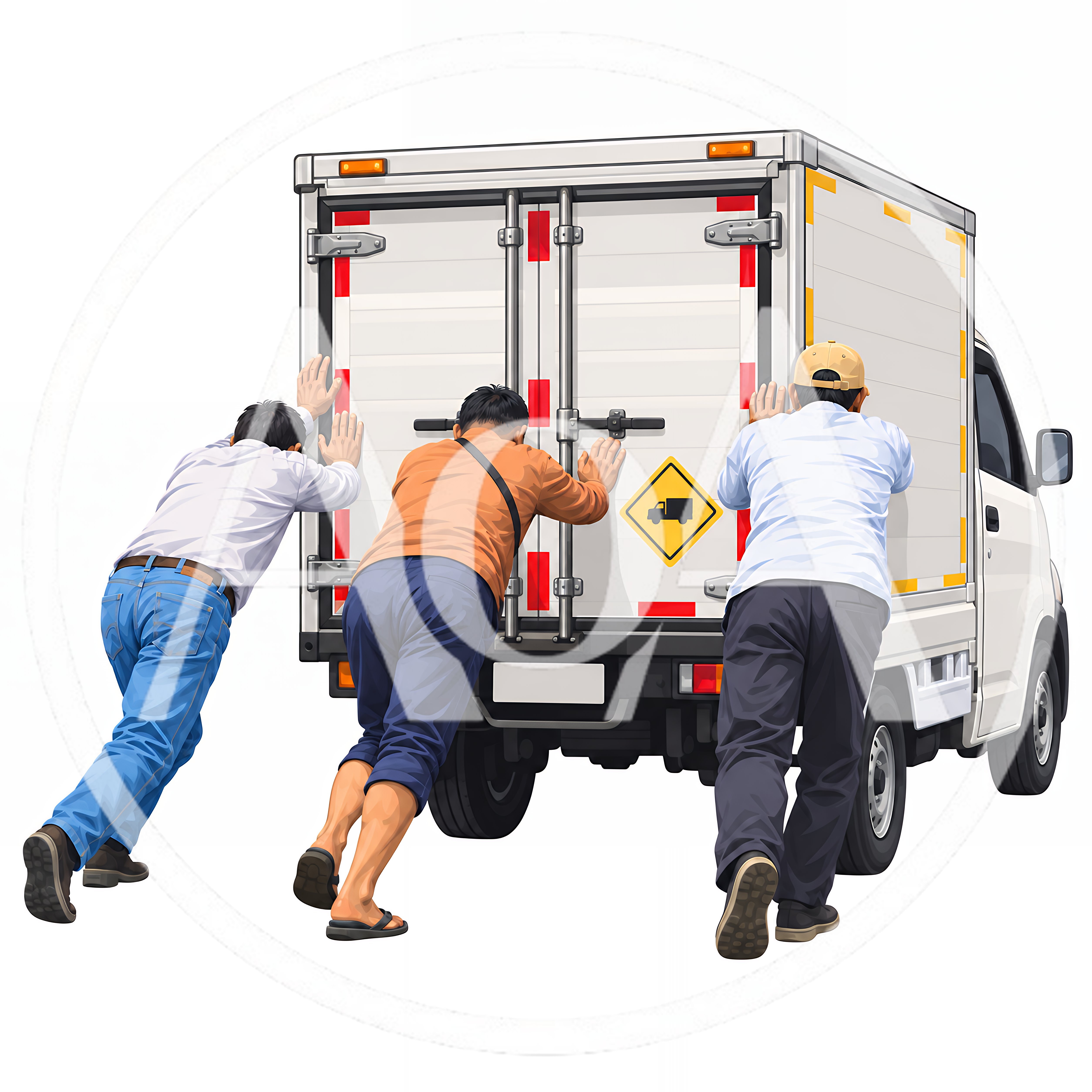 Three Men Pushing A Delivery Truck