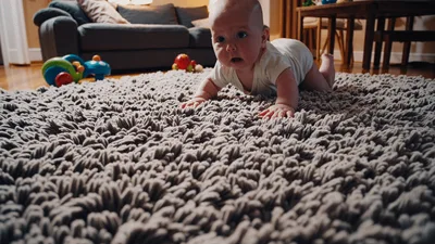 Cute Baby Crawling On A Soft Grey Rug
