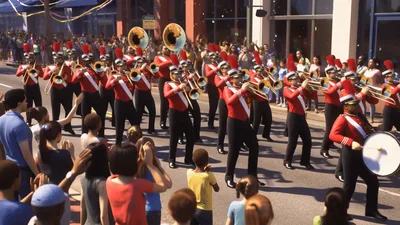 Marching Band Performing In A Sunny City Parade