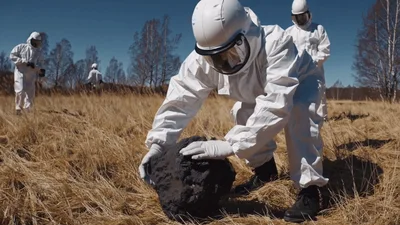 Scientists In Hazmat Suits Examining Meteorite In Field