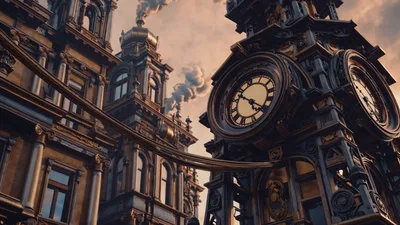 Steampunk Clock Tower Cityscape With Flying Airship