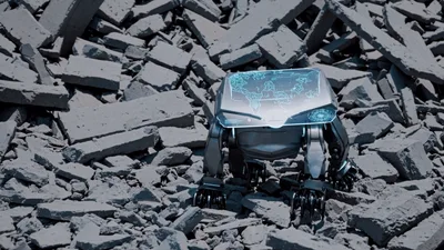Futuristic Robotic Quadruped Walking Over Concrete Rubble