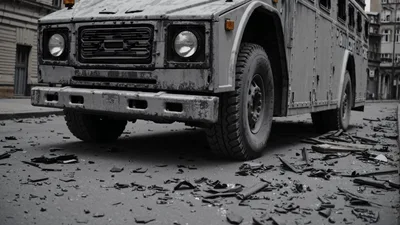 Abandoned Armored Police Vehicle Parked On Debris Covered Street