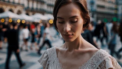 Elegant Woman Standing In A Busy European City Square