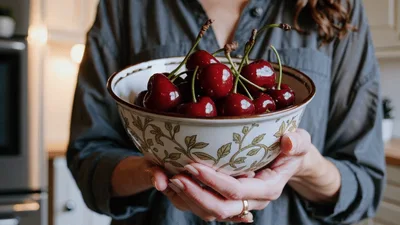 Woman Holding A Bowl Of Fresh Red Cherries
