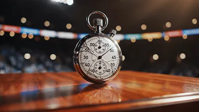 Vintage Stopwatch Resting on Wooden Surface in Sports Arena
