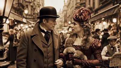Victorian Couple Walking Through A Busy London Market
