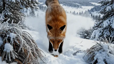 Red Fox Hunting In Deep Snowy Forest