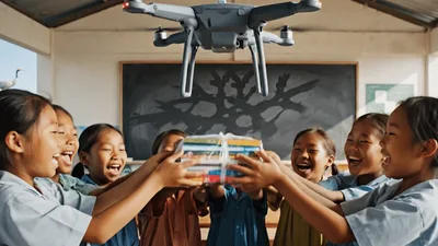 Drone Delivering Books To A Group Of Schoolchildren