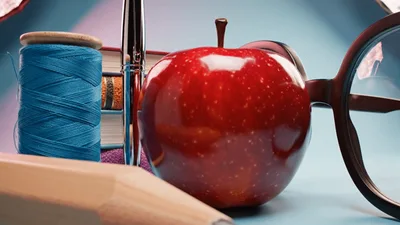 Macro Shot Of School Supplies And Red Apple