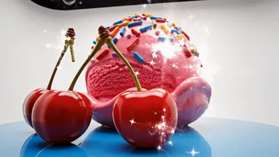 Pink Ice Cream Scoop With Cherries And Sprinkles