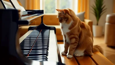Ginger Cat Playing Piano Keys In Living Room