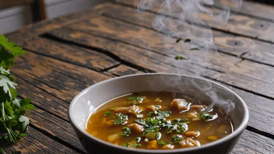 Fresh Parsley Sprinkled Over Steaming Bowl Of Soup