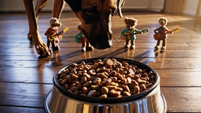 Dog Sniffing Bowl Of Dry Kibble With Toy Musicians